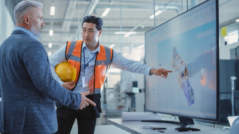 Site manager is pointing to a diagram of a machine on a large monitor display 